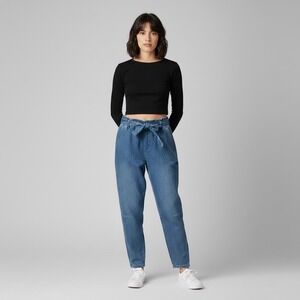 Womens Paperbag Barrel Leg Jeans Blue Denim Belted Cropped XS Baggy Tie Belt